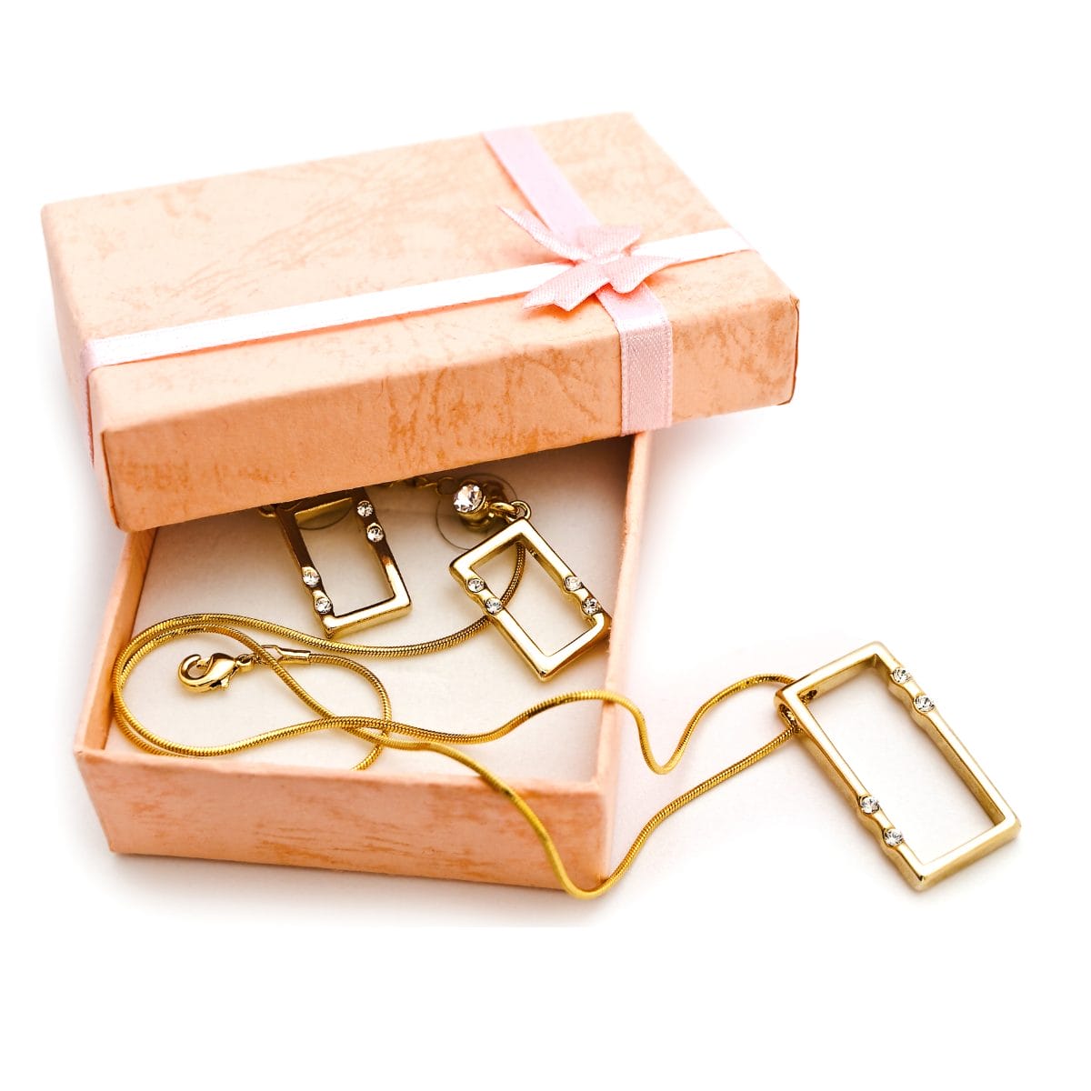 Gold rectangular earrings and necklace in a non-toxic jewelry gift box with a pink ribbon.