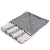 Folded cream and grey striped handwoven baby blanket made from soft Ethiopian cotton.